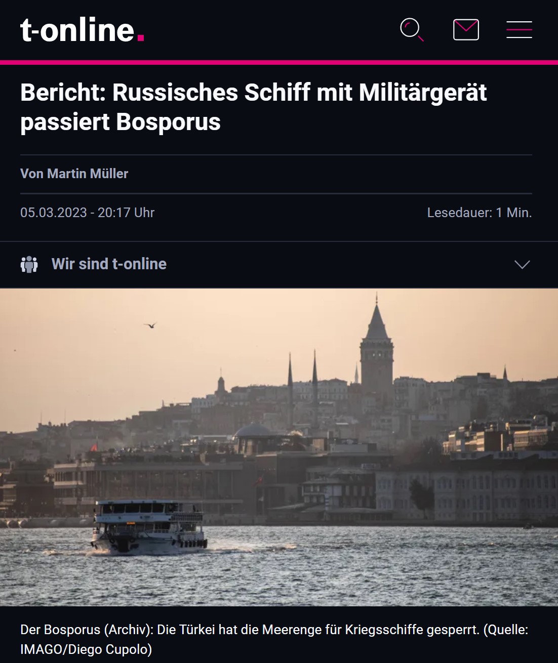 Bericht: Russisches Schiff mit Militärgerät passiert Bosporus