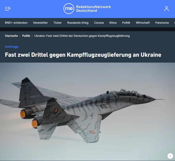 Umfrage: Fast zwei Drittel gegen Kampfflugzeuglieferung an Ukraine