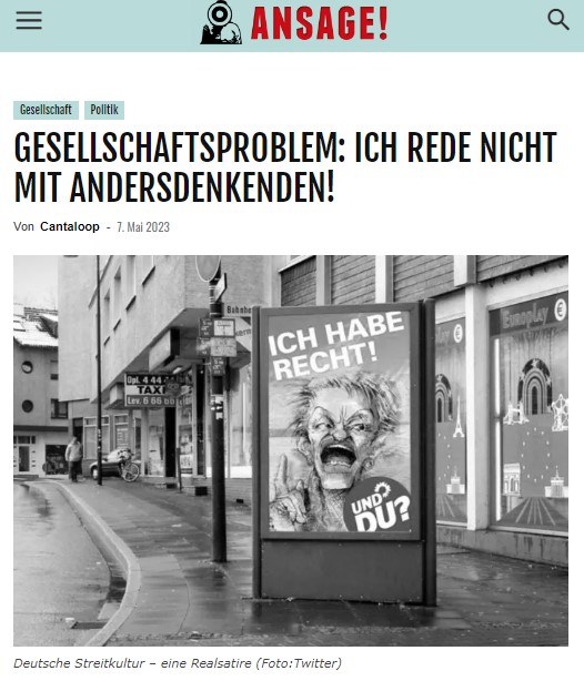 GESELLSCHAFTSPROBLEM: ICH REDE NICHT MIT ANDERSDENKENDEN!