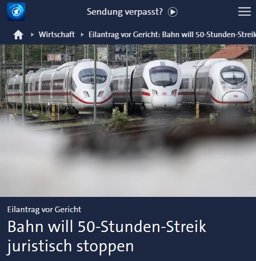 Eilantrag vor Gericht: Bahn will 50-Stunden-Streik juristisch stoppen